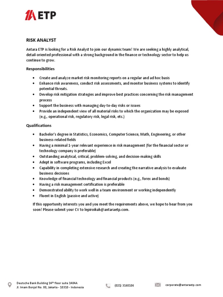 Job Description Risk Analyst (ANTARA ETP) | PDF | Business | Computers