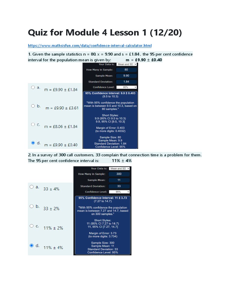 Quiz For Module 4 Lesson 1 (12/20) PDF Standard Error Statistical