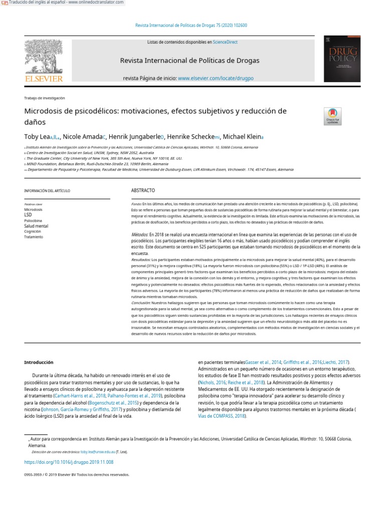 Microdosis de Psicodélicos Motivaciones, Efectos Subjetivos y Reducción