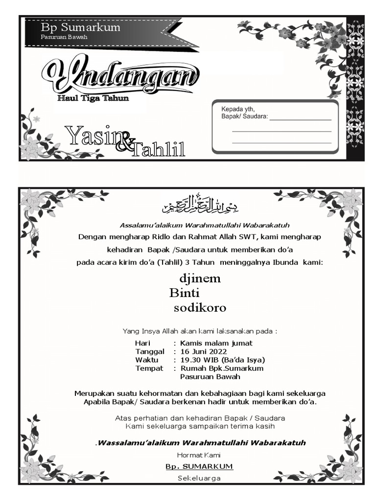 Undangan Do'a Tahlil 3 Tahun Meninggalnya Ibunda | PDF