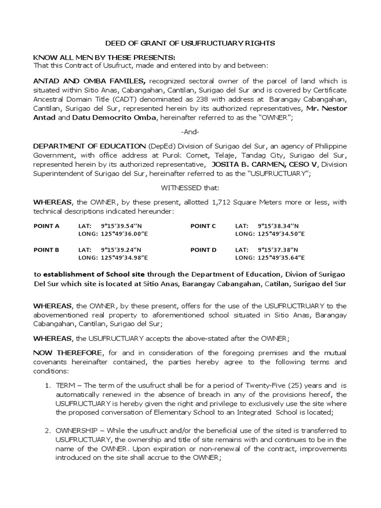 Deed Granting Usufructuary Rights to the Department of Education for ...