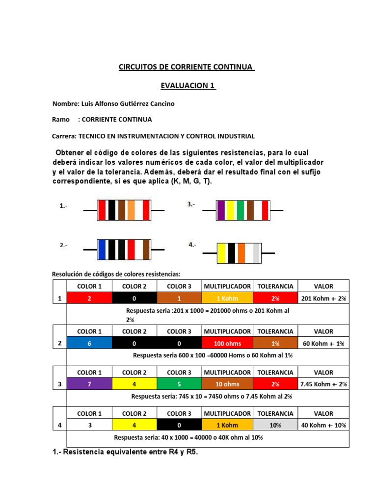Circuito Corrirnte Continua Evualuacion 1 | PDF | Resistencia Eléctrica ...
