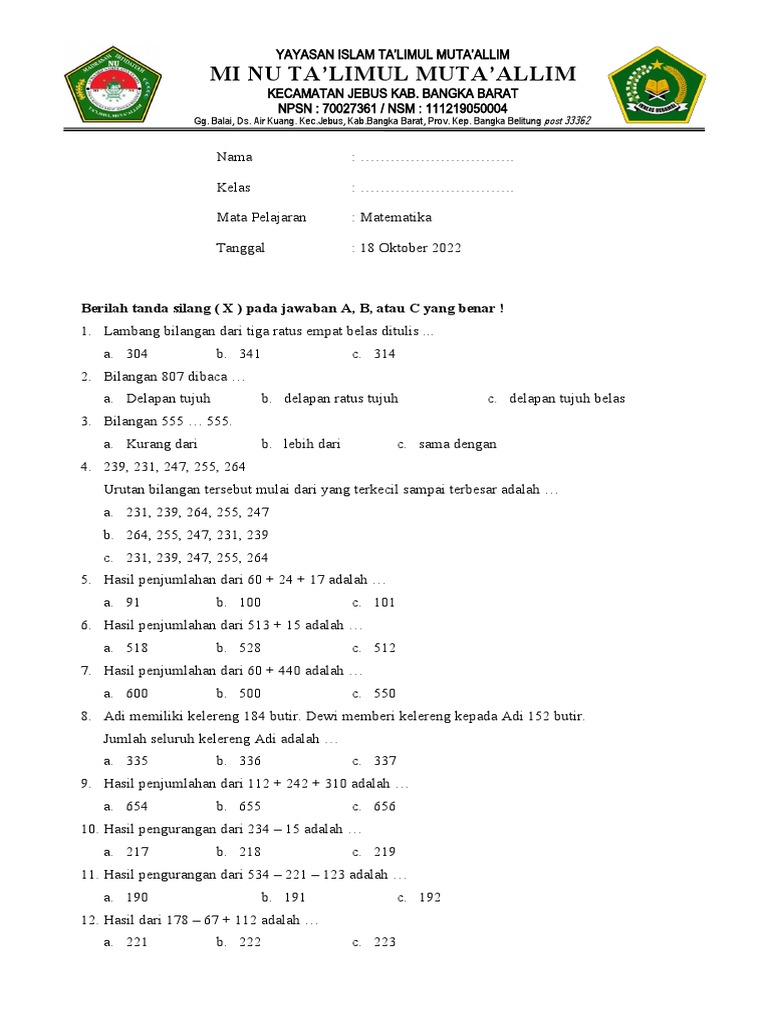 Soal Mtk Kelas 2 Pdf