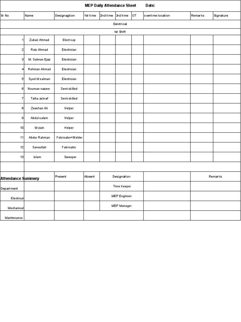 MEP Daily Attendance Sheet | PDF