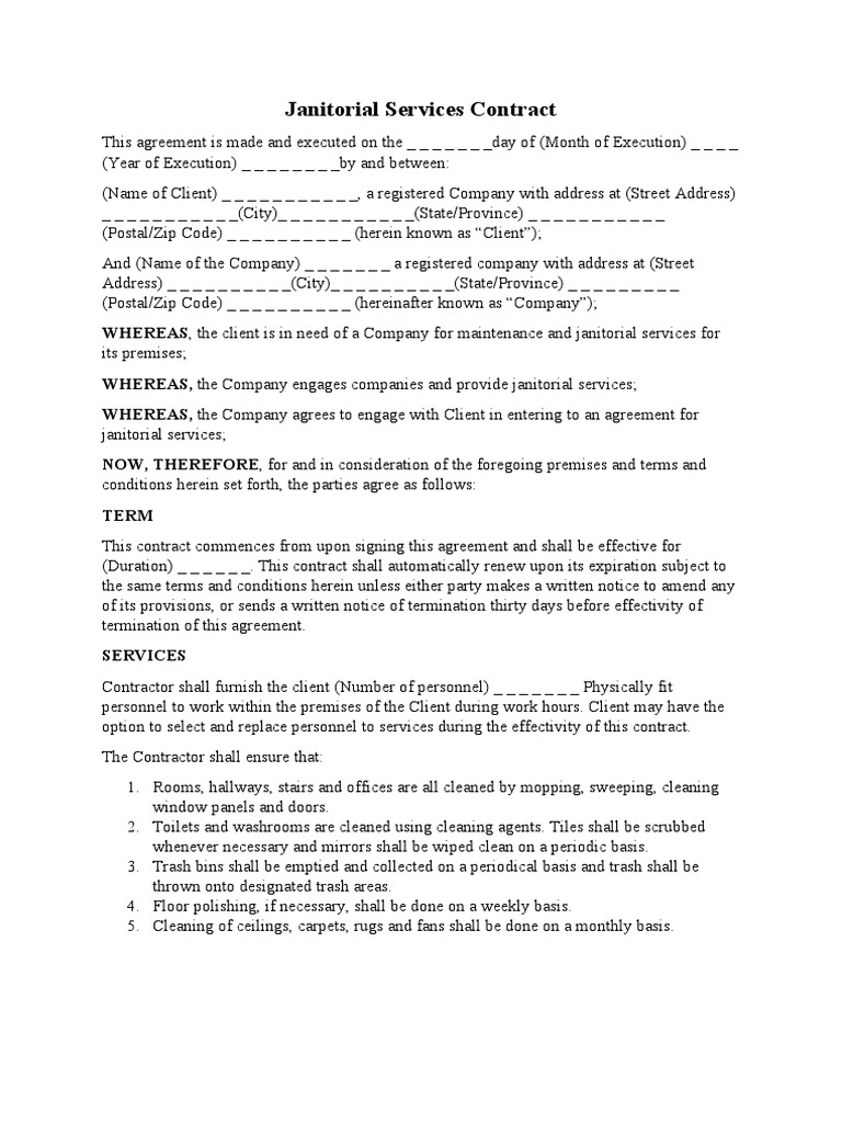Janitorial Agreement 2 PDF Private Law Government