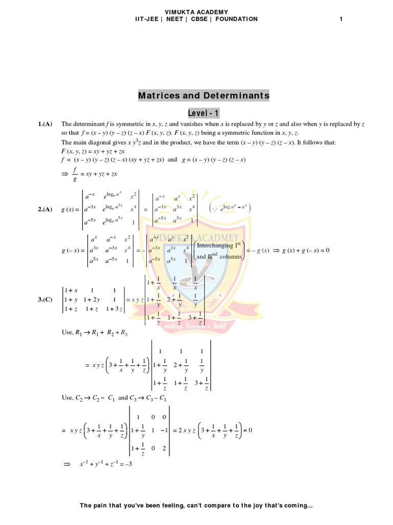 Matrices and Determinants Level 1 Solutions PDF Elementary Geometry