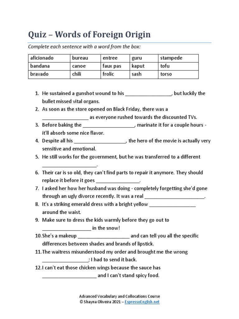 Worksheet+ +Vocabulary+Words+of+Foreign+Origin | PDF | Language Arts ...
