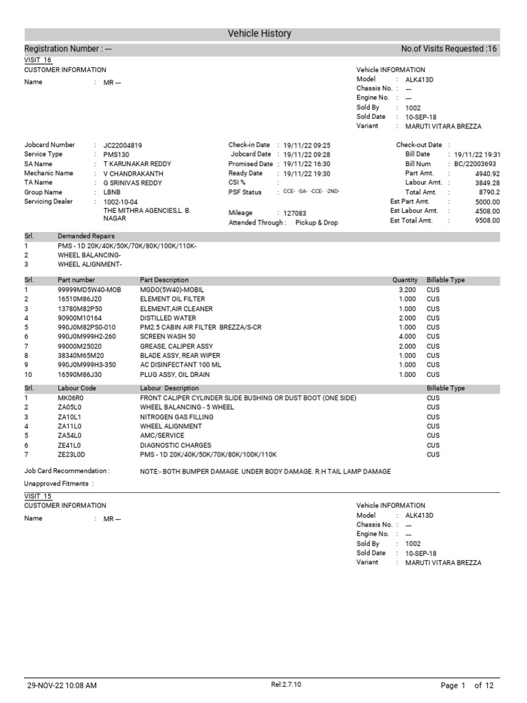 Vehicle Service History Overview | PDF | Rear Wheel Drive Vehicles ...