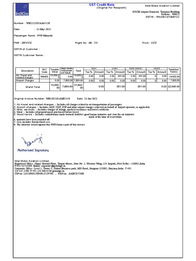 Indigo GST Credit Note Details | PDF | Airport | Government