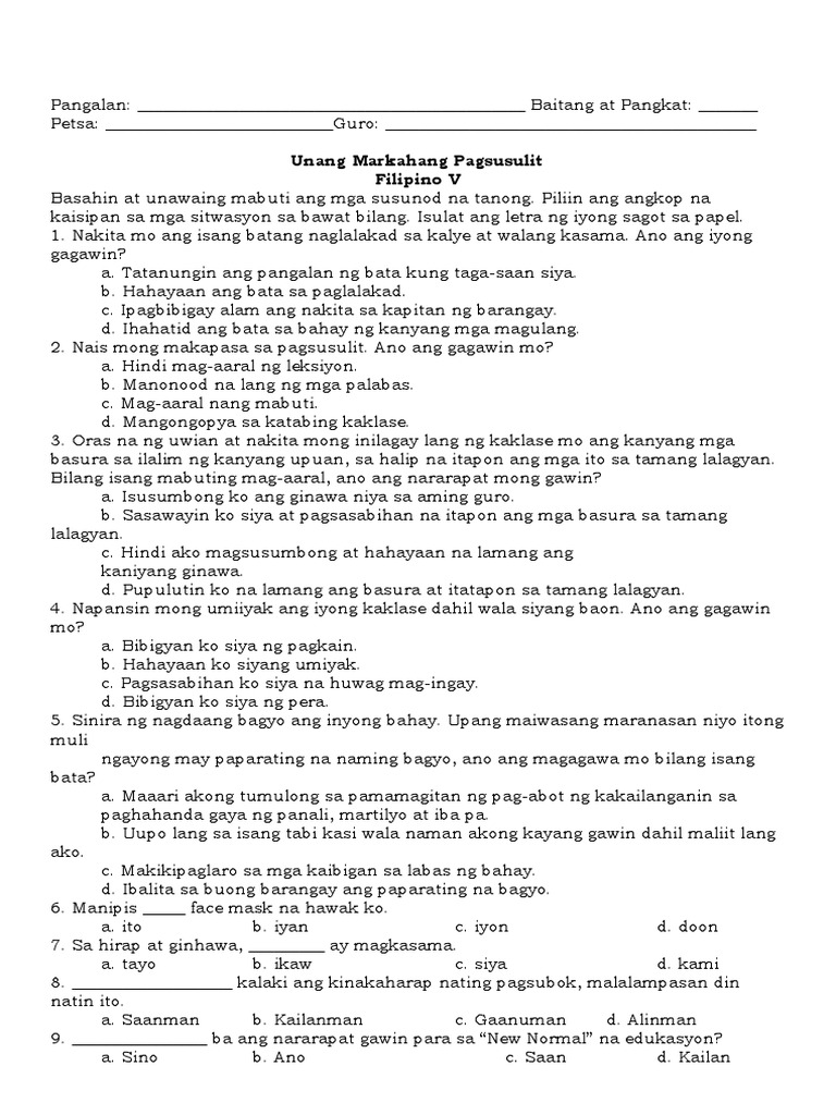 1st Periodic Test Filipino 5 Pdf