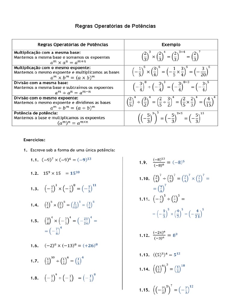 Ficha Matematica 7 Ano Potencias E Regras De Potenciação Solucoes Pdf