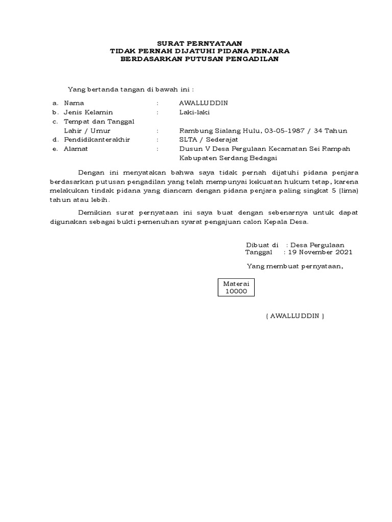 Surat Pernyataan Tidak Pernah Dijatuhi Pidana Penjara | PDF