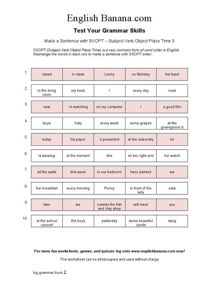 SVOPT Sentence Structure Practice | PDF