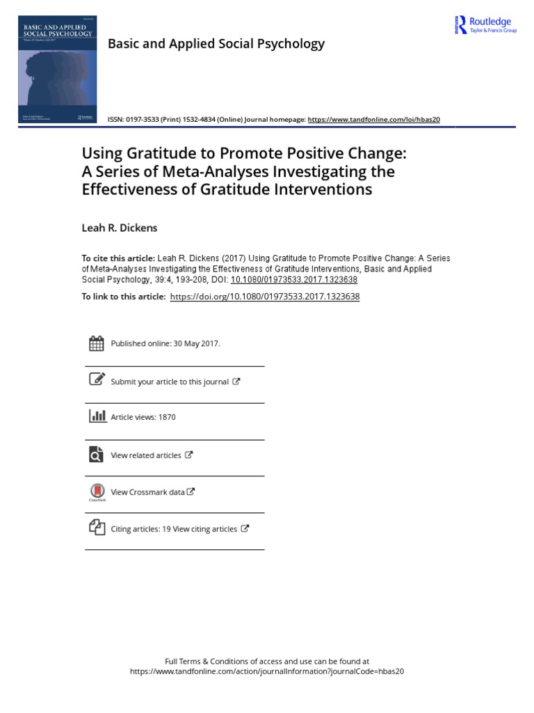 Using Gratitude To Promote Positive Change A Series of Meta Analyses ...