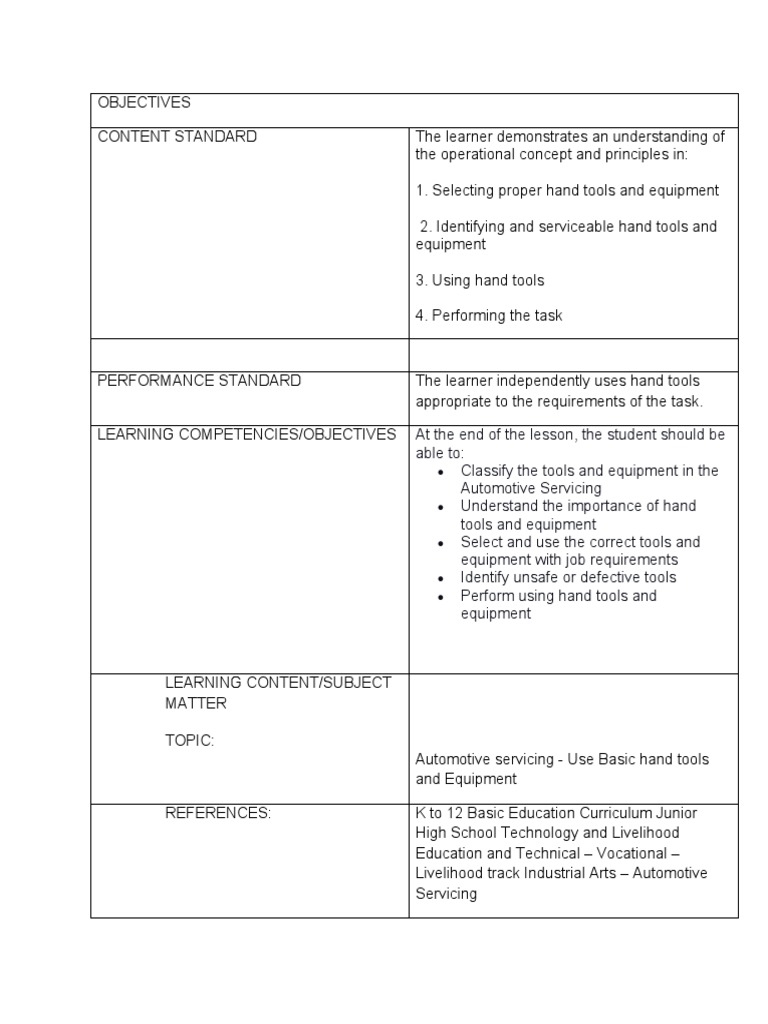 Lesson plan basic tools and equipment luna pdf teachers learning