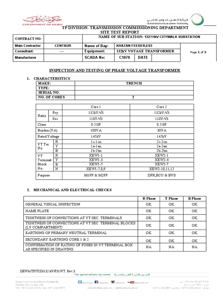 132kV Voltage Transformer Test Report | PDF | Transformer | Electrical ...