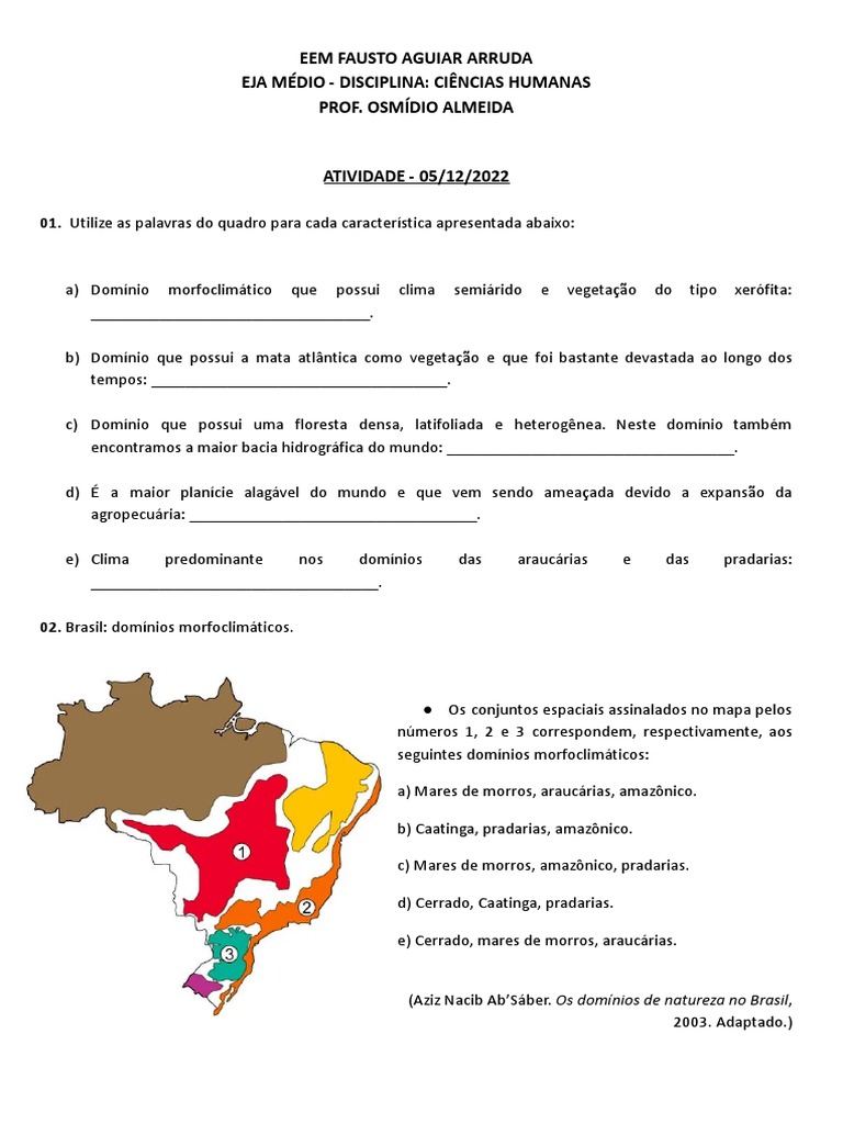Atividades sobre Domínios Morfoclimáticos 7º Ano | PDF
