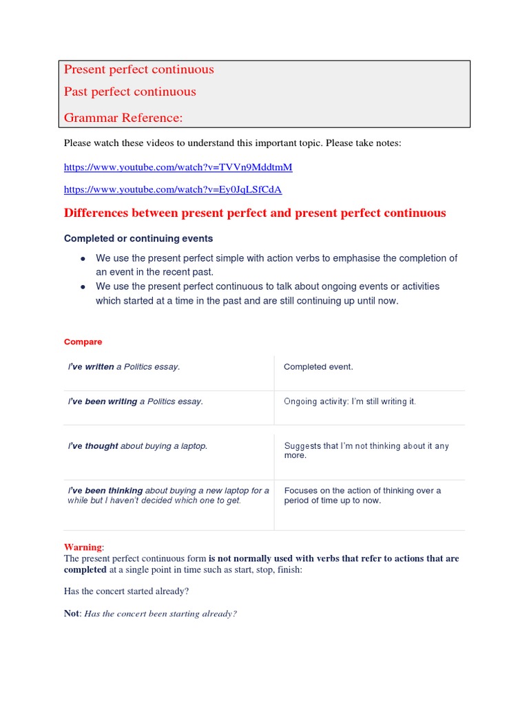 Present Perfect vs. Past Perfect Continuous | PDF | Cognitive Science ...