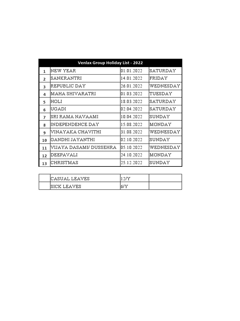 Holiday List PDF