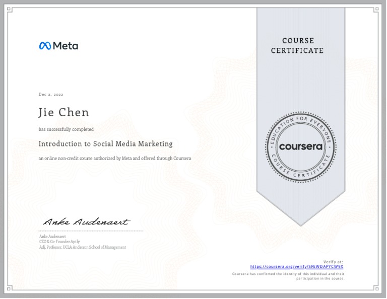 Coursera Certificate - Introduction To Social Media Marketing | PDF