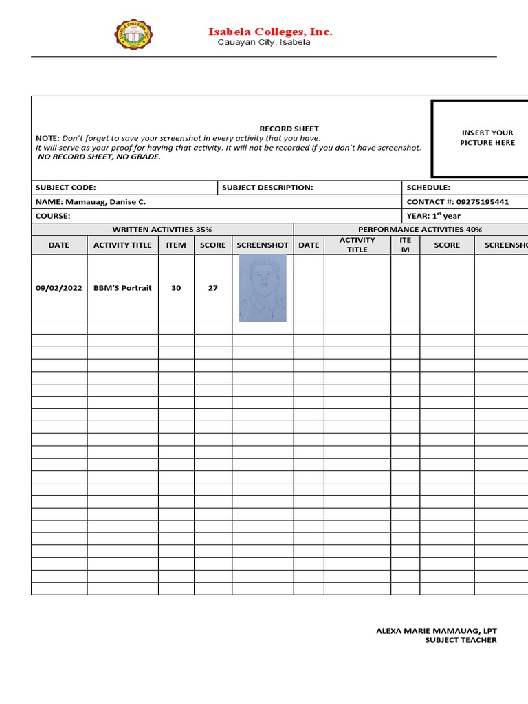 Isabela Colleges Record Sheet Template | PDF