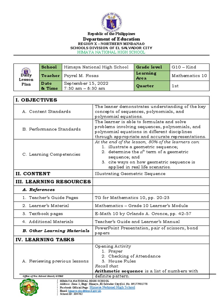 Grade 10 Mathematics Lesson Plan: Geometric Sequences | PDF | Learning ...