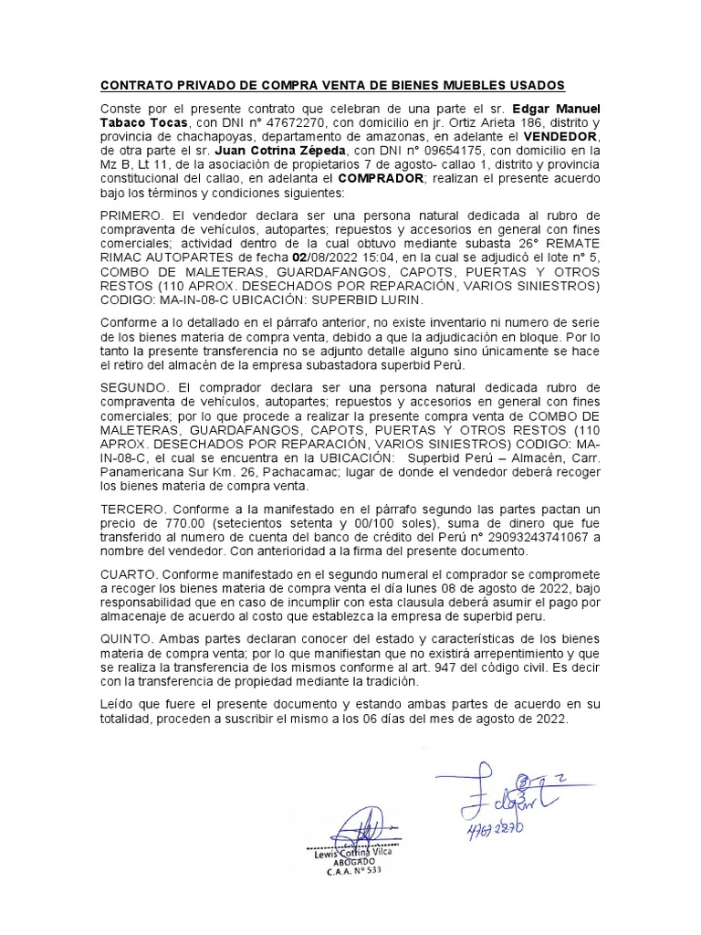Contrato Privado de Compra Venta de Bienes Muebles Usados PDF