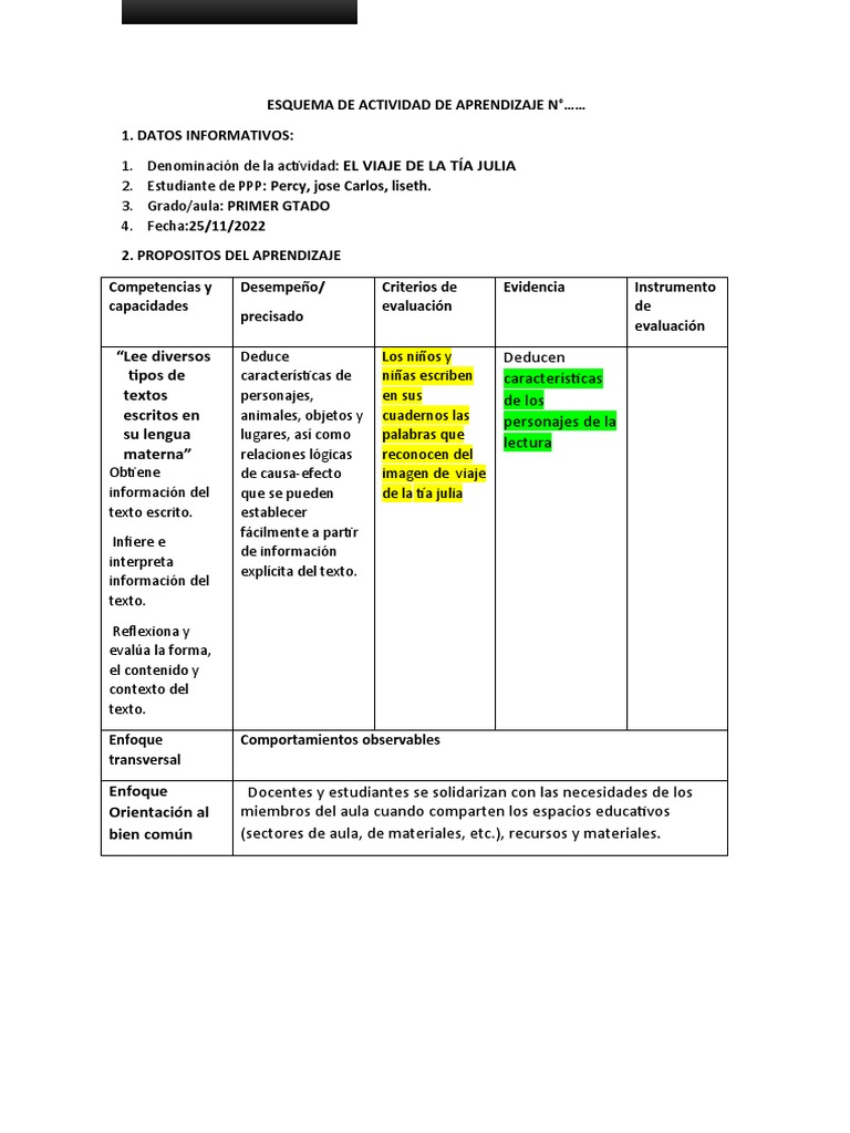 Esquema de Actividad de Aprendizaje El Viaje de La Tia Julia. | PDF ...
