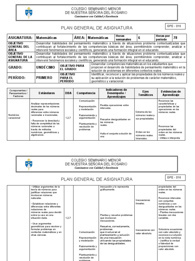 Plan de Matemáticas para Undécimo Grado | PDF