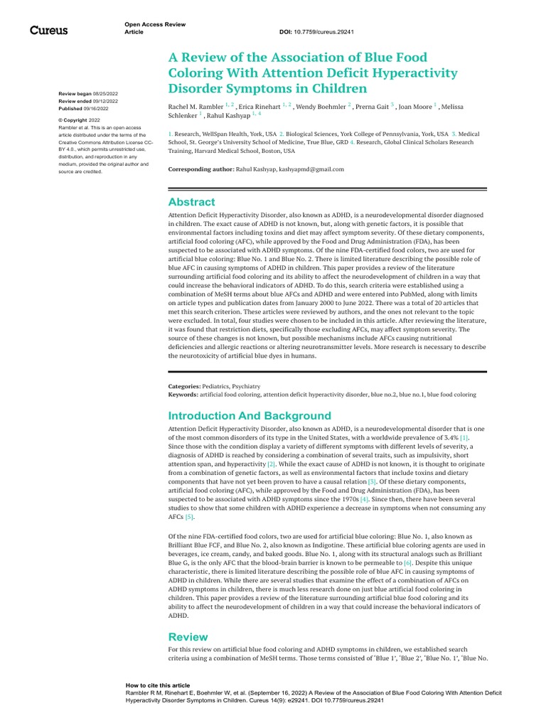 Association of Blue Food Coloring With ADHD in Children PDF Attention Deficit Hyperactivity