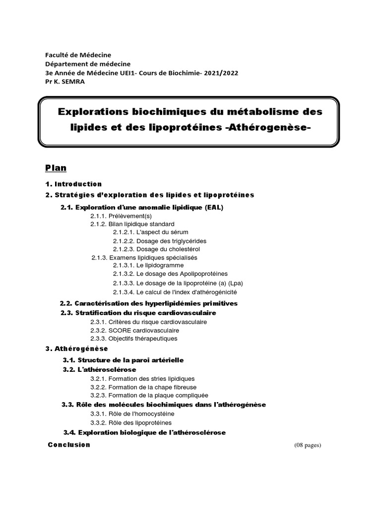 Exploration du bilan lipidique et athérogénicité | PDF | Athérosclérose ...