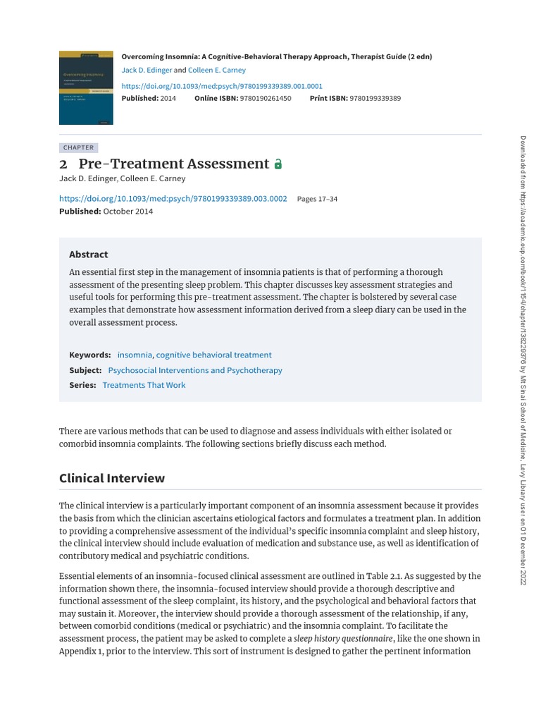 2 PreTreatment Assessment PDF Sleep Insomnia