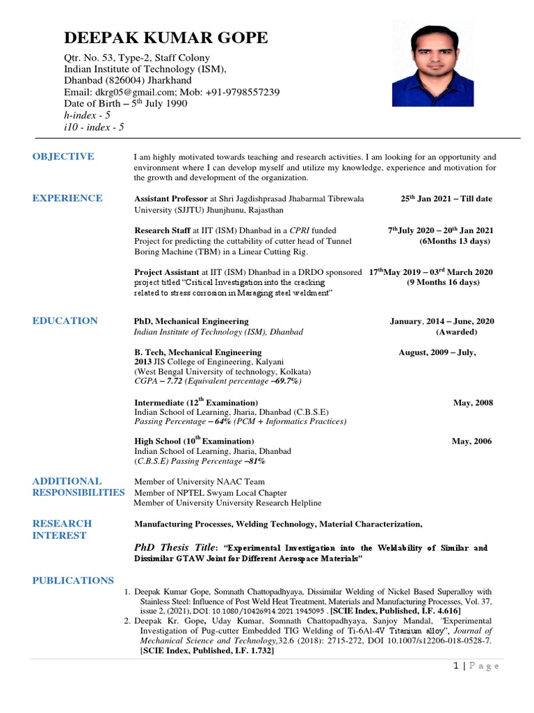 Deepak Kumar Gope: Academic Profile | PDF | Construction | Welding