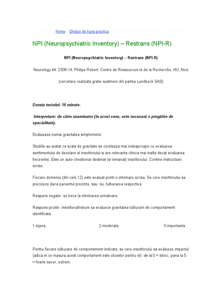 NPI Neuropsihiatric Inventory-Restrans | PDF