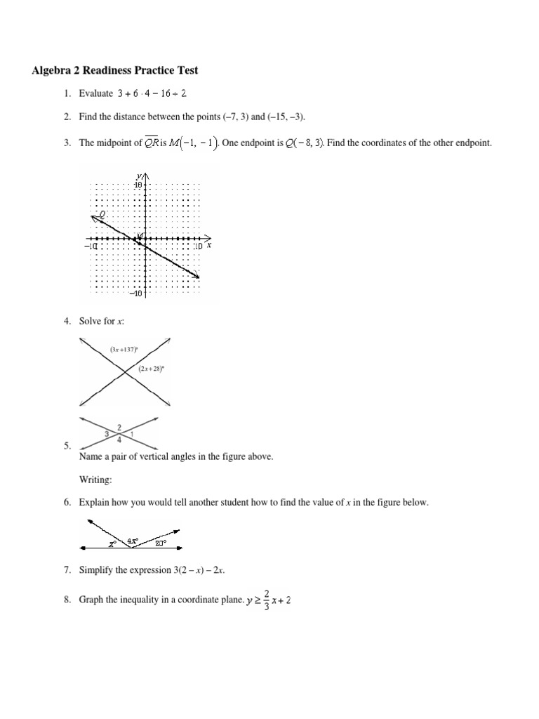 Algebra 2 Readiness Practice Test Angle Equations