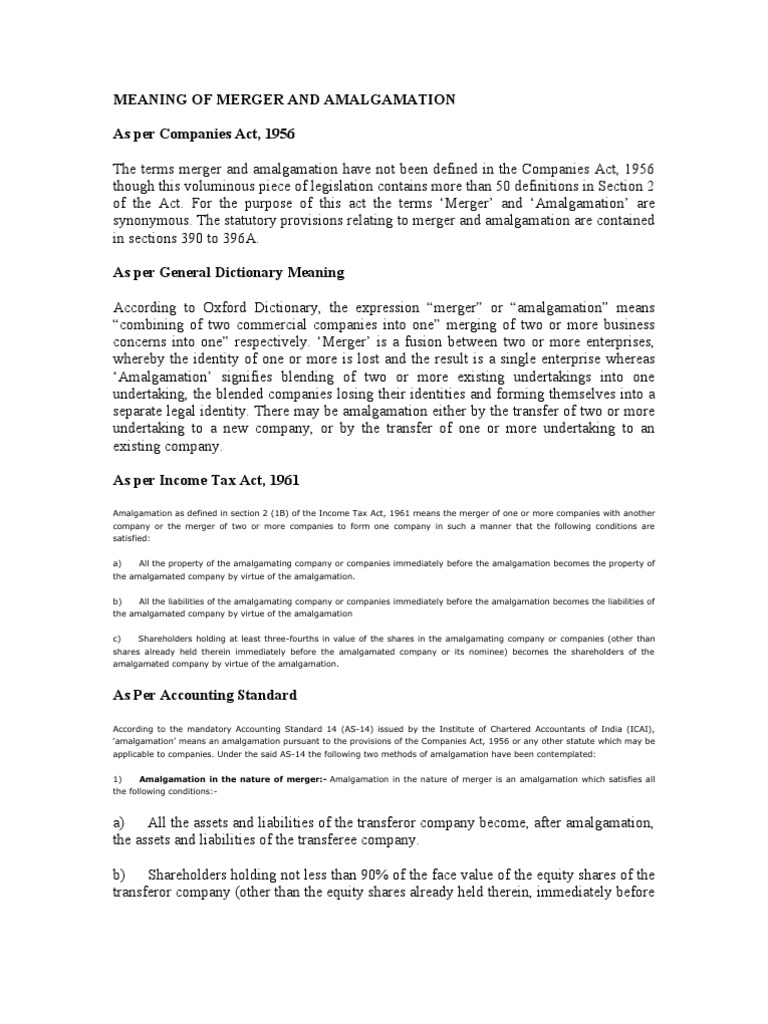 Meaning of Merger and Amalgamation Consolidation (Business) Equity