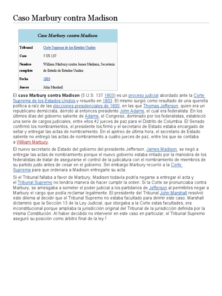 Caso Marbury vs. Madison: Jurisdicción y Poder Judicial | PDF | Marbury ...