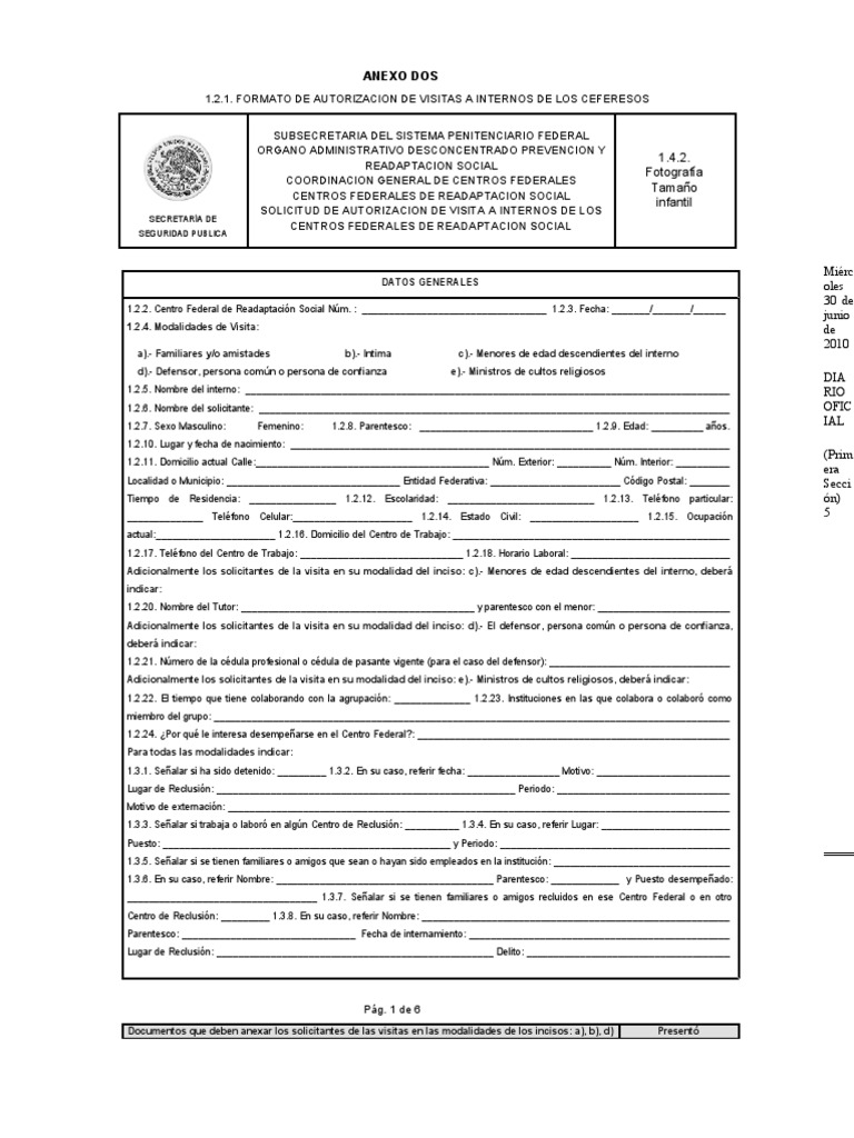 FORMATO OFICIAL PARA INICIAR TRÁMITE DE VISITA A INTERNOS 