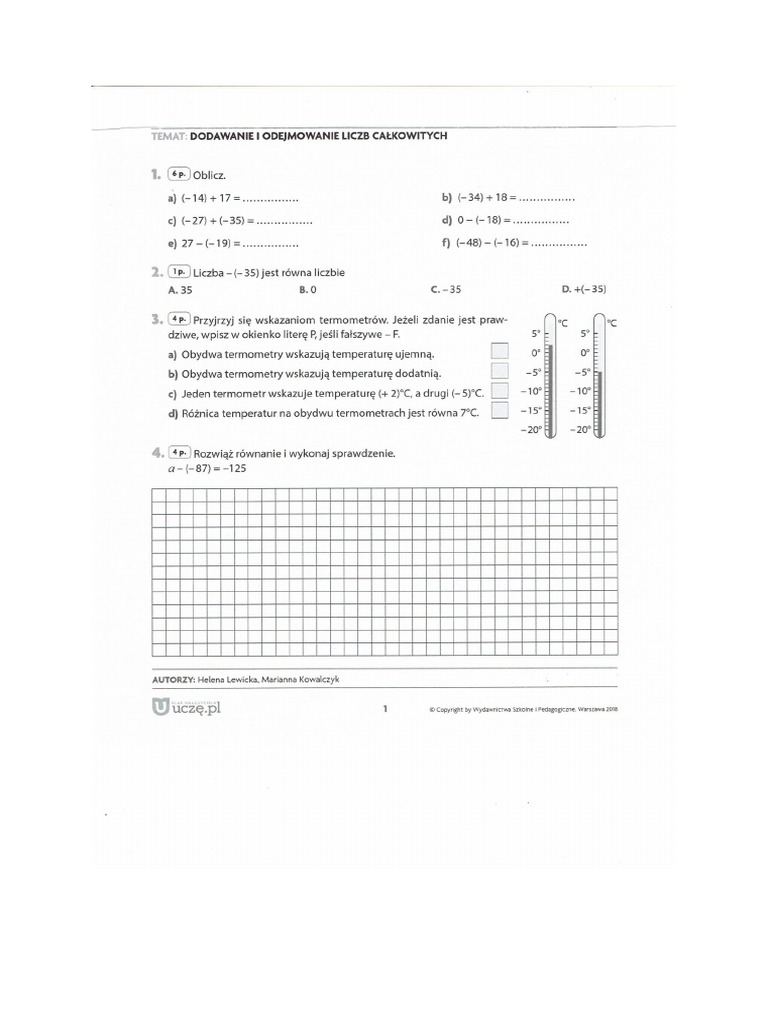 Dodawanie I Odejmowanie Liczb Całkowitych Klasa 5 Pdf Dodawanie I Odejmowanie Liczb Całkowitych. | PDF