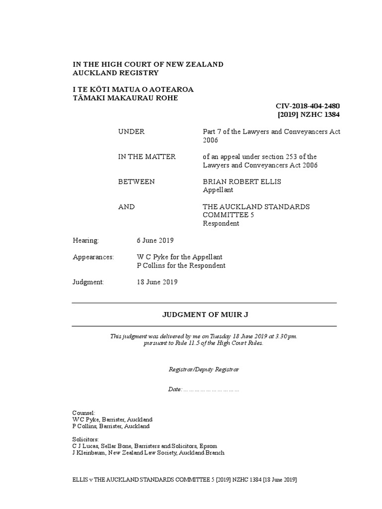 Ellis V Auckland Standards Committee 5 Bc201964171 PDF Lawyer