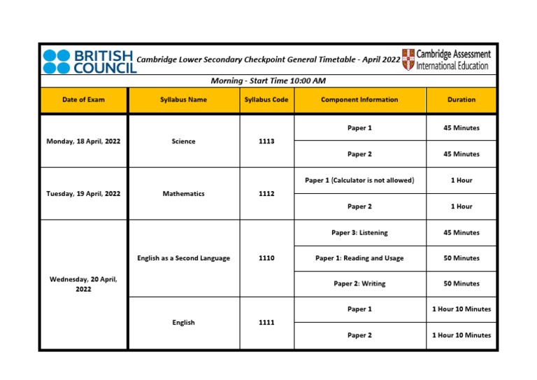 Cambridge Lower Secondary Checkpoint General Timetable May 2022 PDF