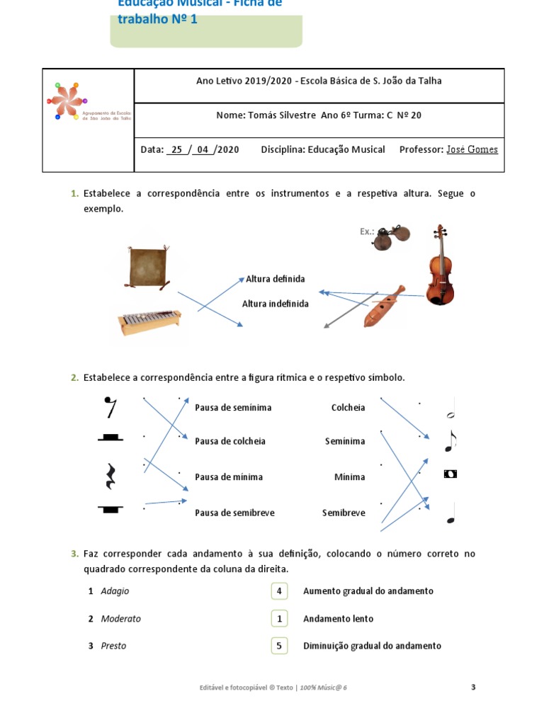 Ficha #1 - EM - 6º Ano | PDF | Notação | Composições musicais