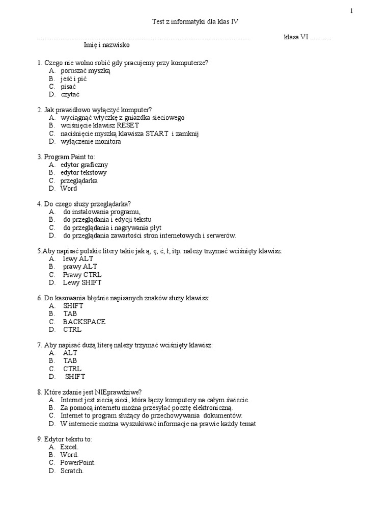 Test Z Mikołajka Klasa 4 Test Diagnostyczny Z Informatyki Dla Klas IV | PDF