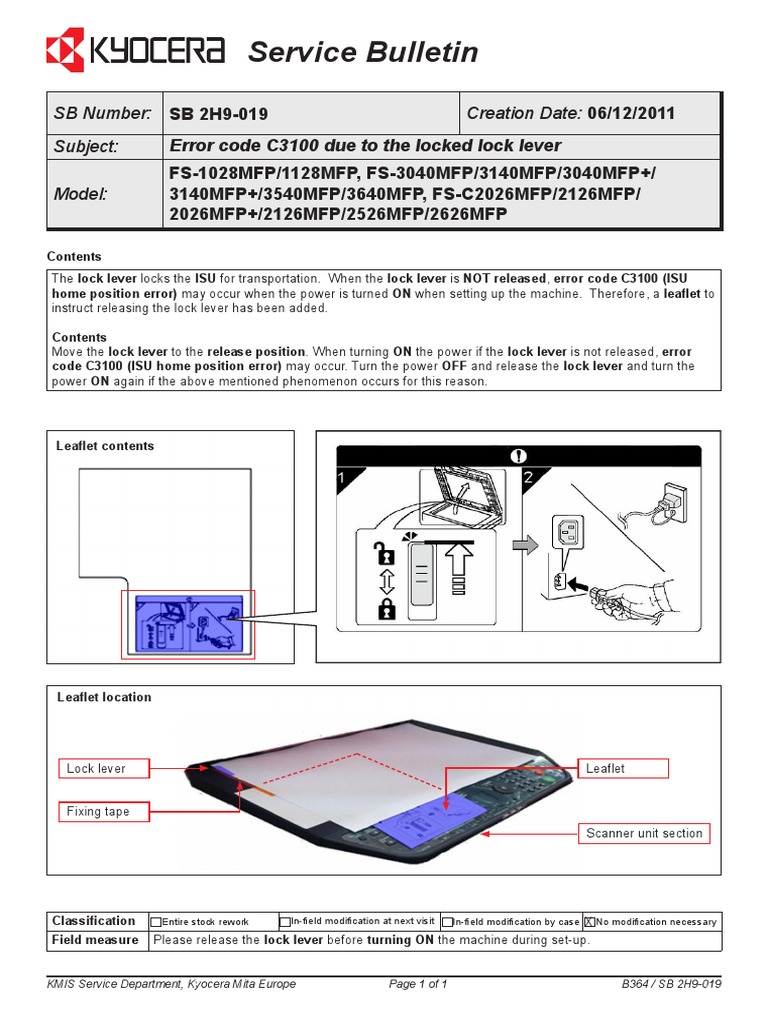 Service Bulletin Error Code C3100 Due To The Locked Lock Lever PDF