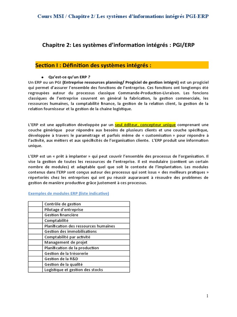 Introduction aux systèmes ERP et PGI | PDF | Progiciel de gestion ...