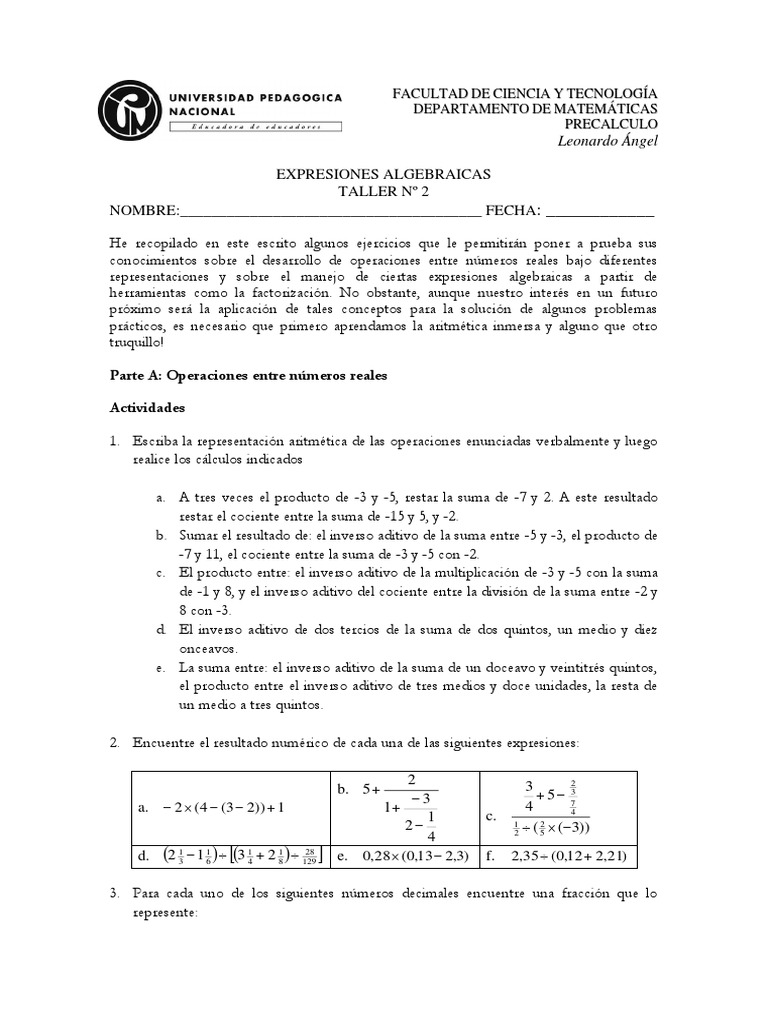 Taller de Expresiones Algebraicas | PDF | Multiplicación | División ...