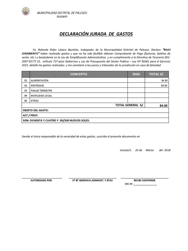Modelo de Declaración Jurada de Gastos | PDF