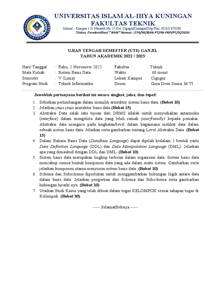 Soal UTS Sistem Basis Data Semester 5 | PDF