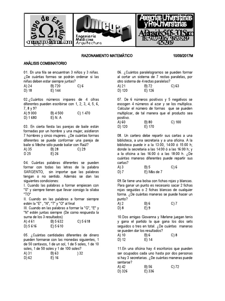 Problemas de Análisis Combinatorio | PDF | Métodos y materiales de ...