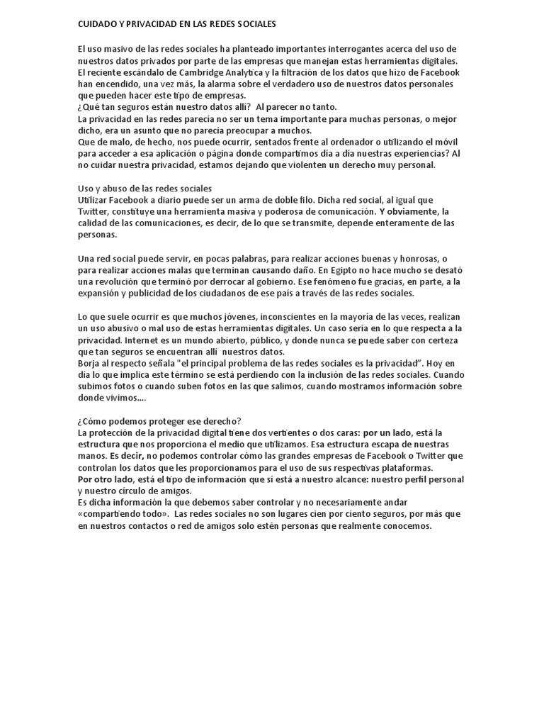 Cuidado Y Privacidad En Las Redes Sociales Pdf Servicio De Redes